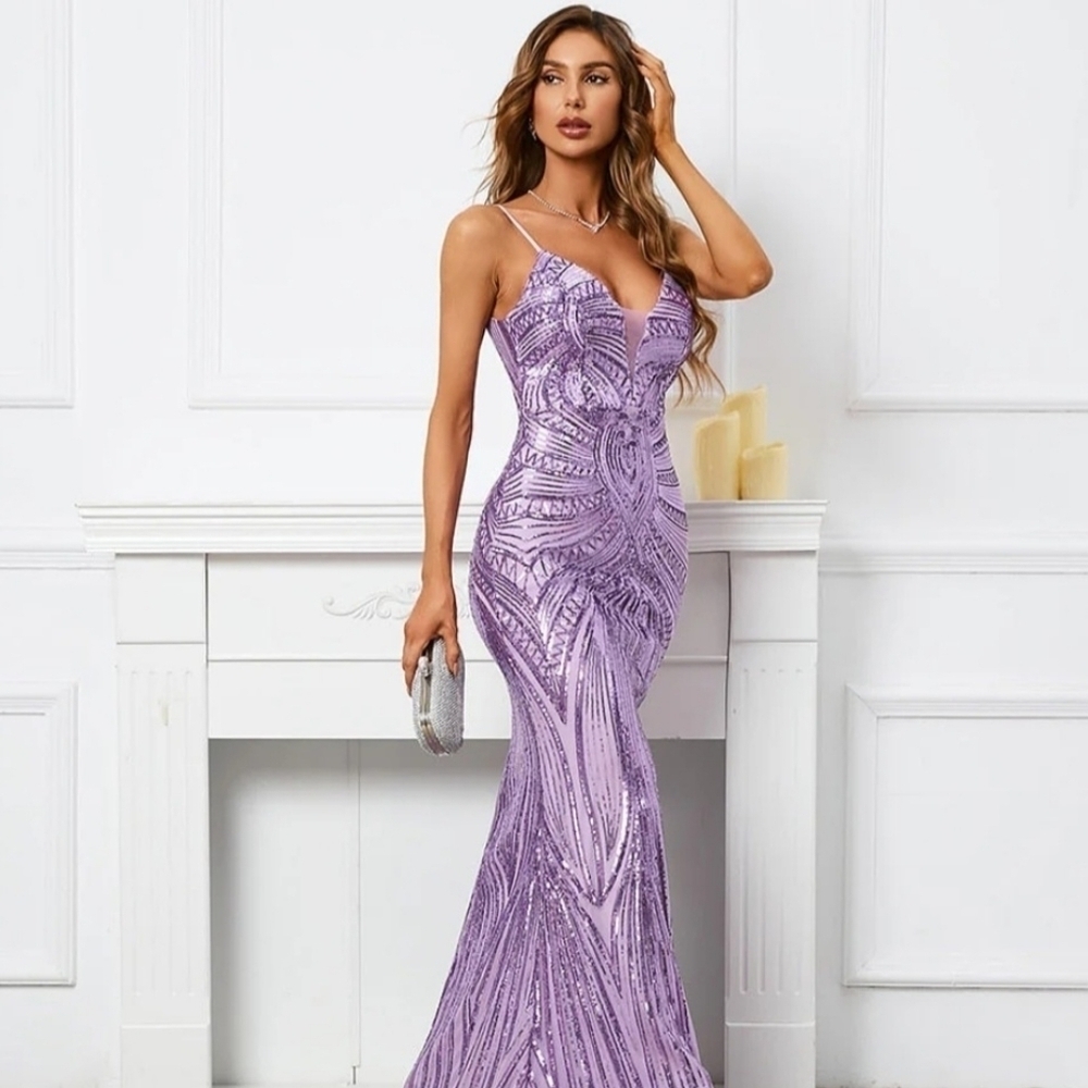 Purple, Geo Print,  Sleeveless,  Beaded Draped Back,  Sequined Mermaid G… - Picture 5 of 13